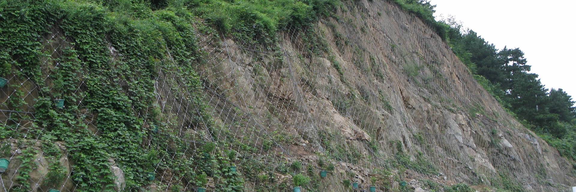 Mountains on the two side of the road are covered by the active rockfall barrier system.